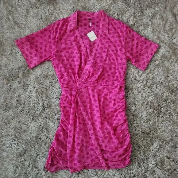Free People Silver Honey Mini Wrap Dress Shell Print Berry Combo Pink Size Large - Picture 3 of 14
